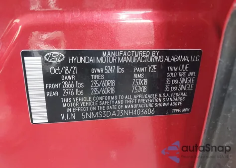 2022 Hyundai Santa Fe Sel z USA, uszkodzony, nr VIN 5NMS3DAJ3NH403606